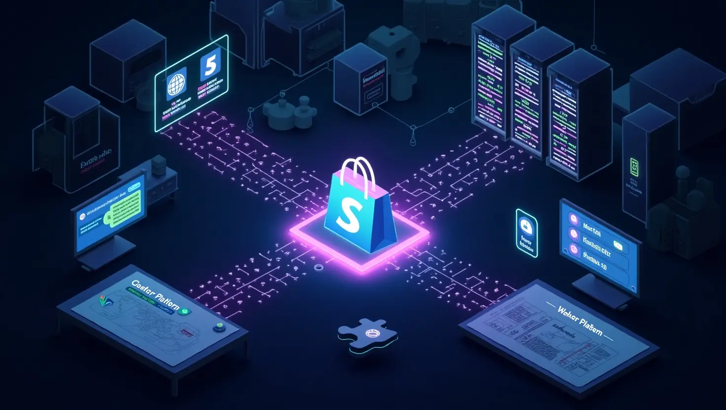 Shopify integration visual showing API connections to platforms, databases, and third-party systems – enabling ecommerce automation and data sync