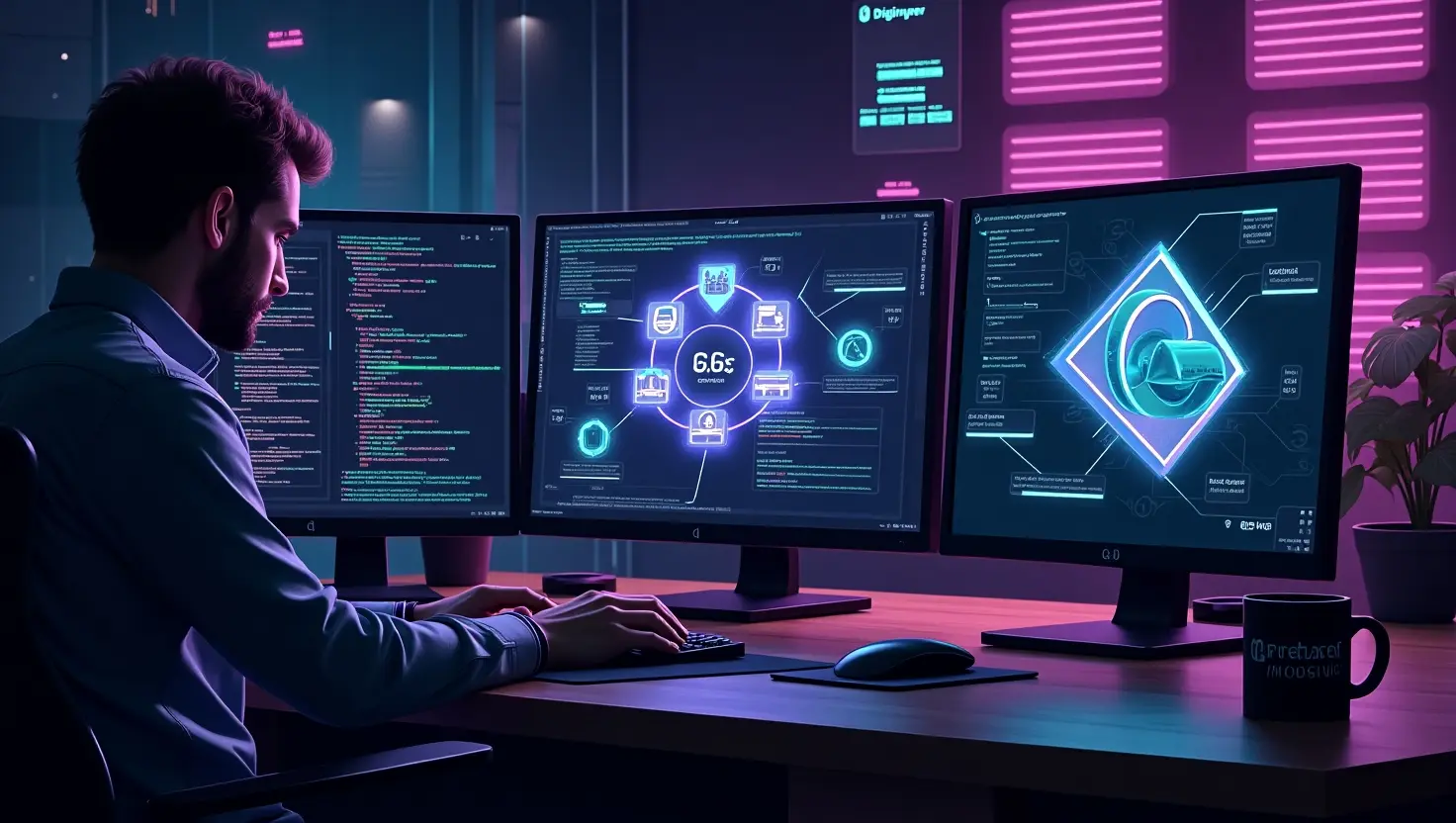 Developer coding custom Shopify features with multi-screen setup showing scalable ecommerce architecture and API workflows